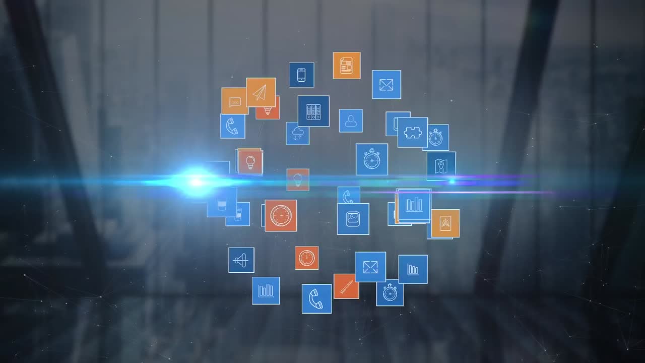 animación del globo con conexiones, iconos comerciales y procesamiento de datos