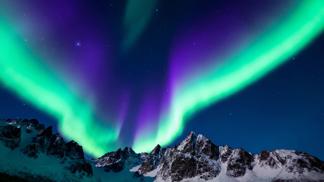 Cortine aurorali danzanti che cambiano forma sopra una cresta montuosa ad alta latitudine, in risposta al vento solare.