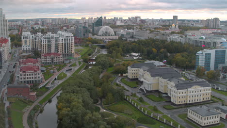 aerial view of a european city with river and parks