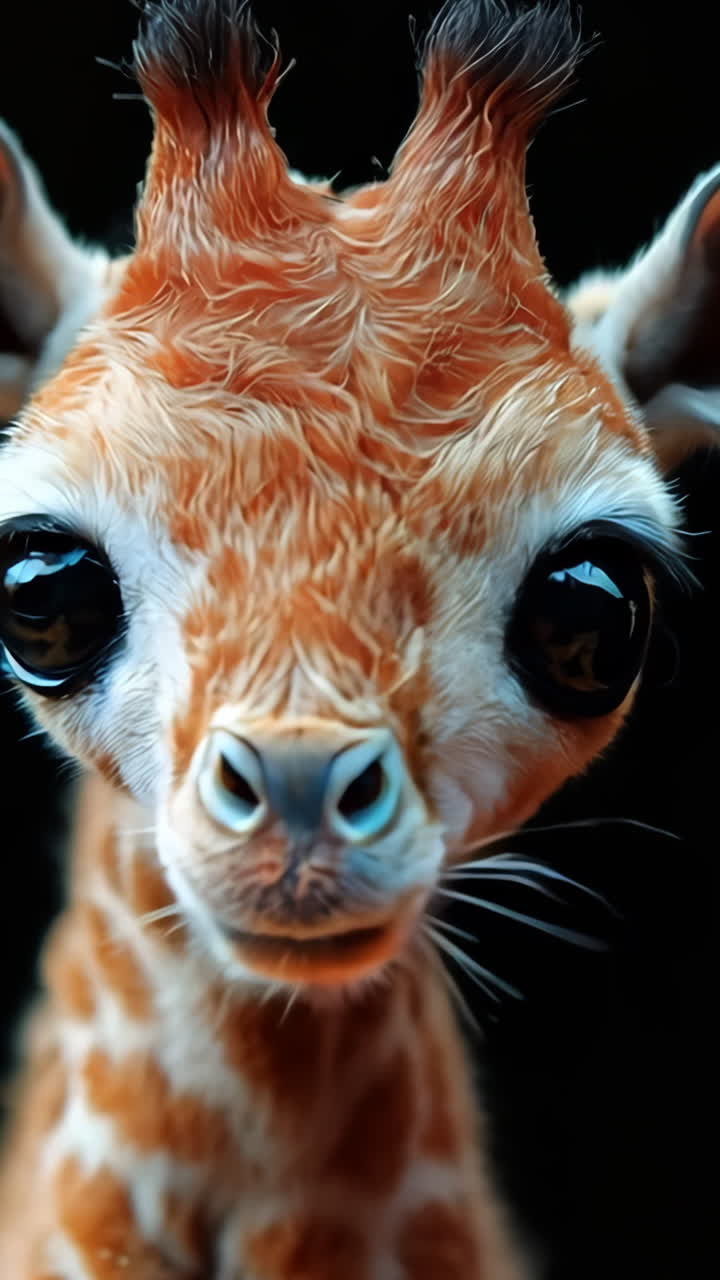 A small giraffe is sitting on a person's finger. The giraffe is cute and adorable, and it seems to be enjoying the attention
