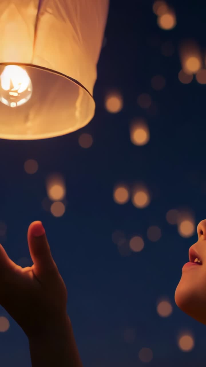 Vertical video: Heat lifting lantern child steadying and releasing it in festival sky, copy space