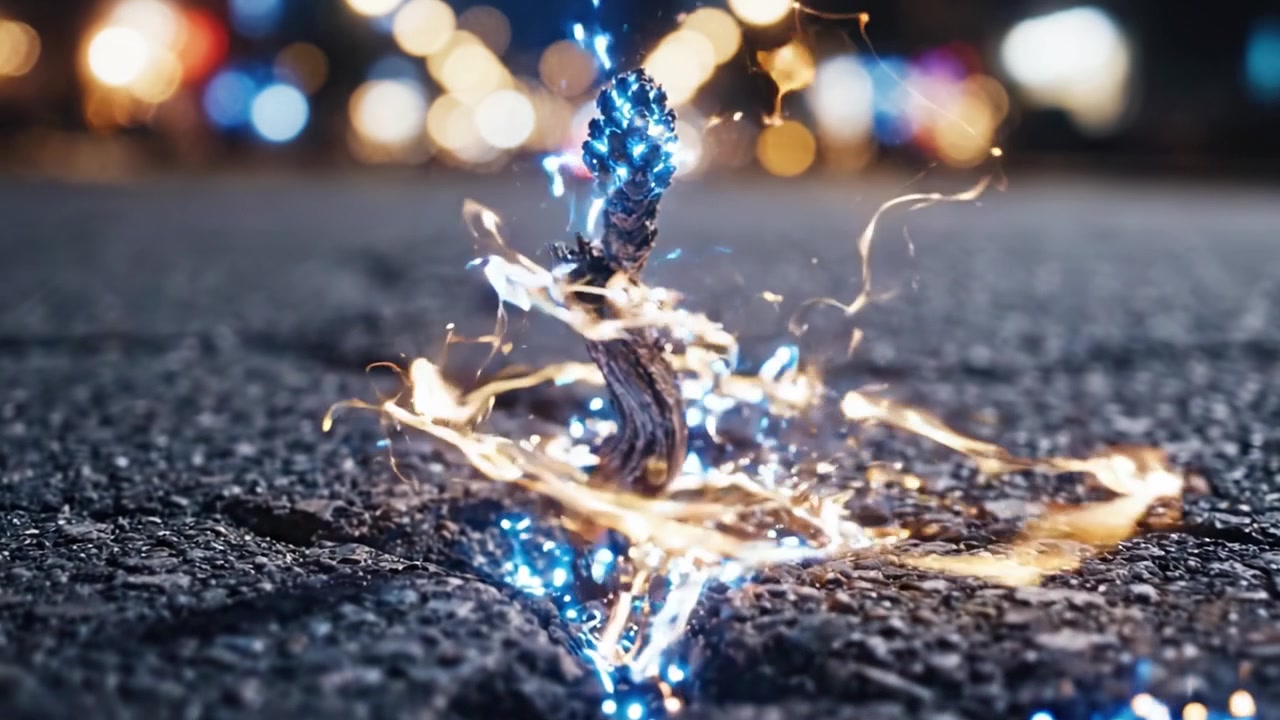 A Resilient Sprout Emerges from the Cracked Asphalt, Illuminated by City Lights, Symbolizing Nature's Tenacity Amid Urban Struggles and Concrete Surroundings