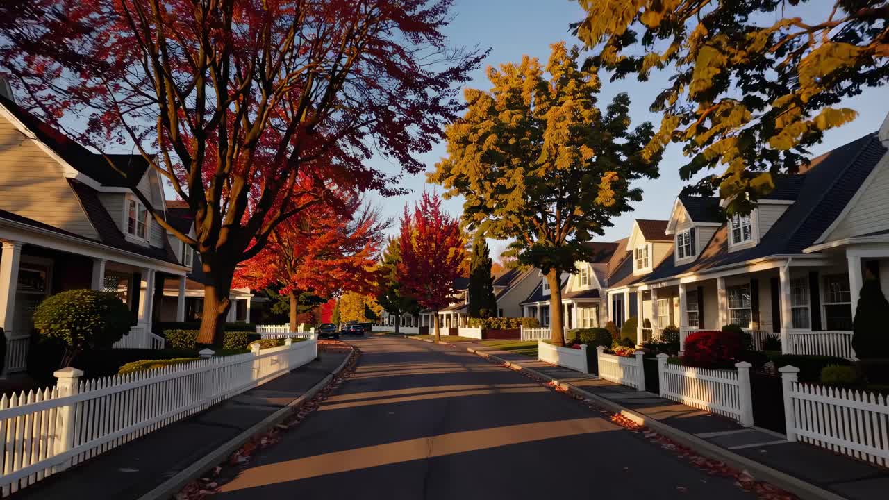 Charming suburban street in autumn, captured from a low-angle, showcasing vibrant foliage and cozy