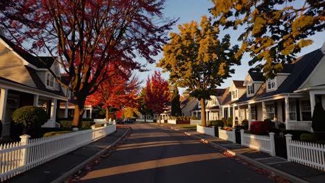 charming suburban street in autumn, captured from a low-angle, showcasing vibrant foliage and cozy
