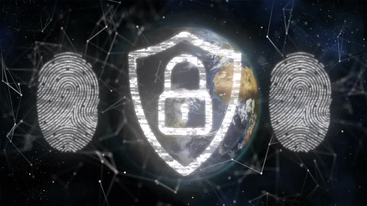 Glitch sweeping globe, shield lock pulsing, breaking and reforming for security with fingerprints