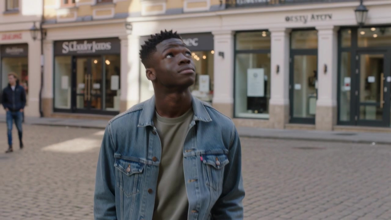 Uomo che cammina si ferma al centro, alzando la testa e controllando l'insegna di un negozio, mentre indossa una giacca di jeans.