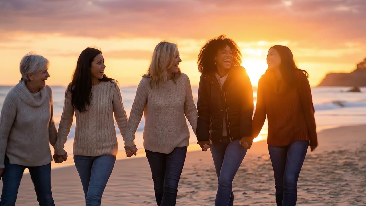 En mangfoldig gruppe kvinner går sammen på en sandstrand under en solnedgang i gyllen time