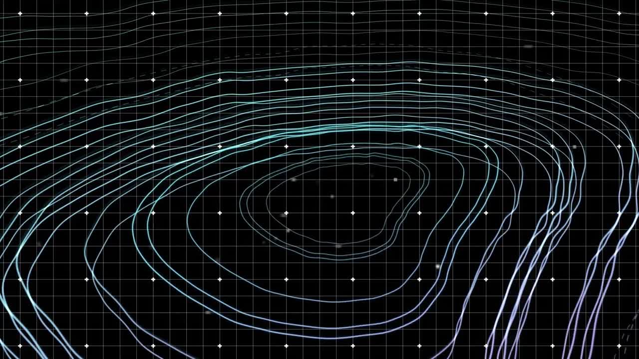 파란색 배경의 지형에 맞춰 그리드 선 위로 움직이는  ⁇ 색 입자
