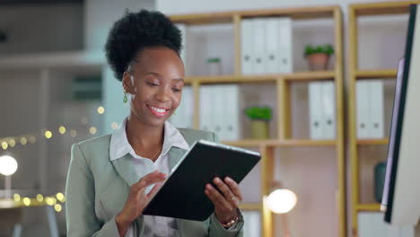 black woman, tablet and smile for social media