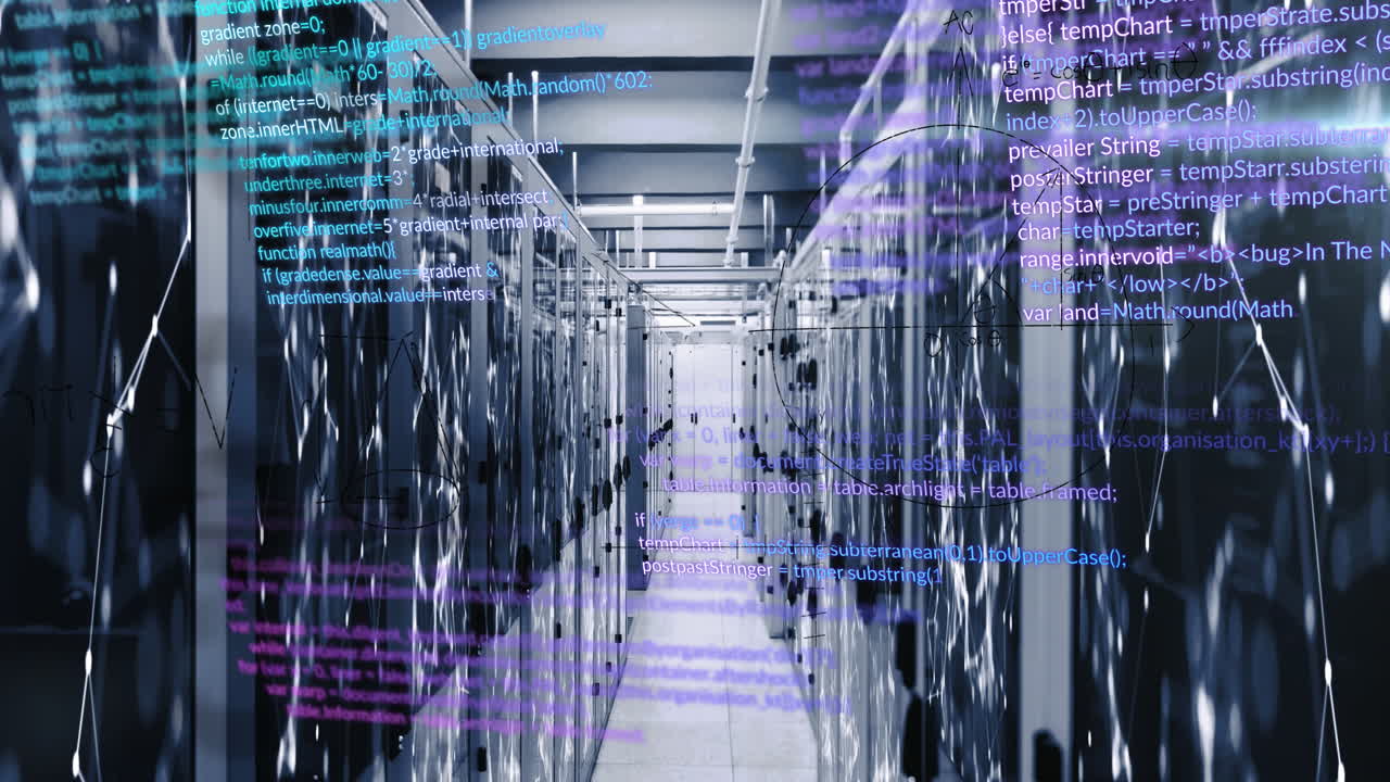 animazione del linguaggio informatico, equazioni matematiche su punti collegati su rack di server di dati