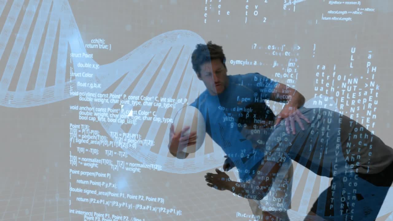 man edging forward after DNA helix pulse, opponent tackling him in sports technology