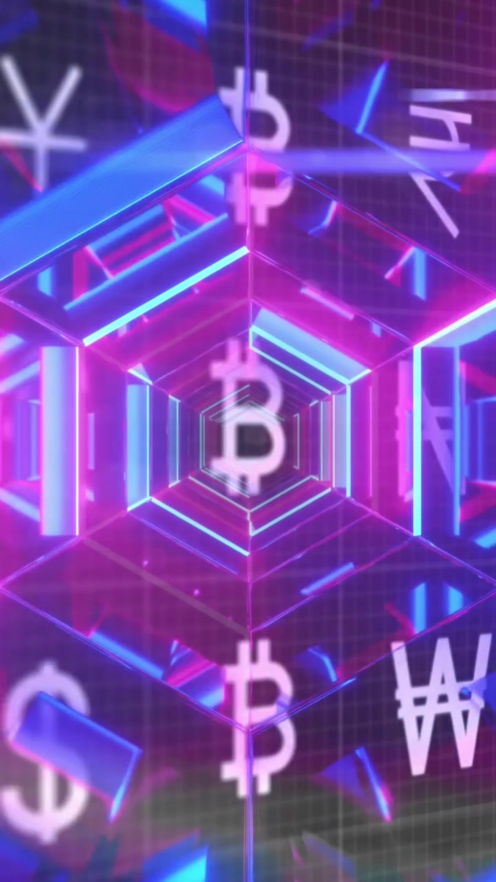 Animation of currency symbols over neon tunnel