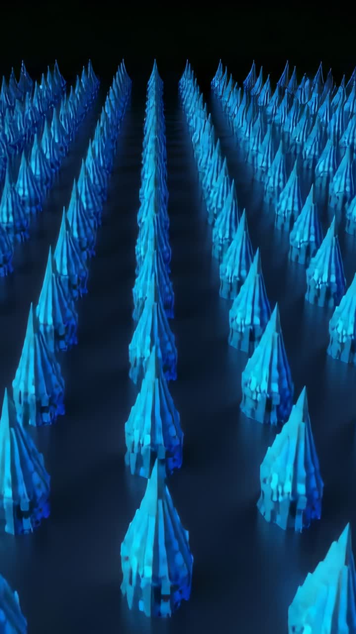 Vertical video: Pulling back camera revealing blue cone grid in dark gallery, reflecting on floor