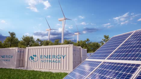 batterie-speicher-kraftwerk begleitet von solar- und windturbinen-kraftwerken. neues energiekonzept