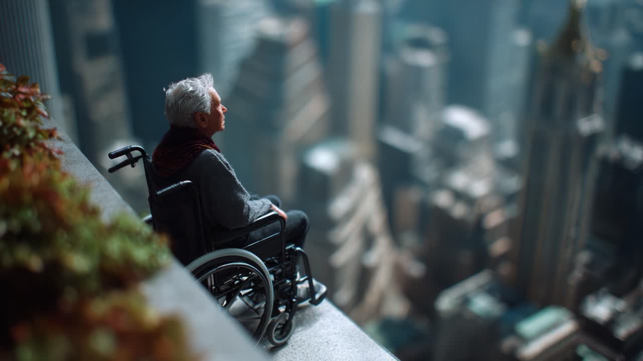 Contemplative Moment: An Individual in a Wheelchair Gazes Over a Cityscape from a High vantage Point, Capturing the Essence of Resilience and Reflection