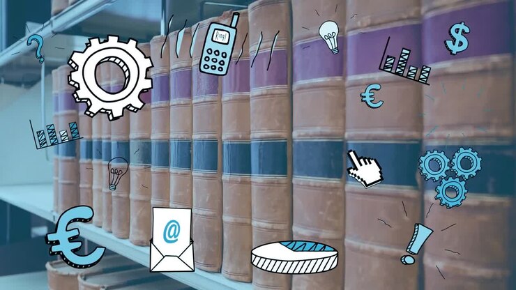 Animation of productivity and school icons over books on shelf