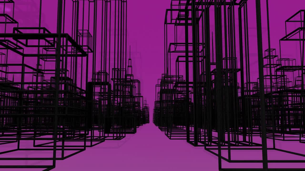 Animação de estrutura urbana 3D preta em interface digital roxa