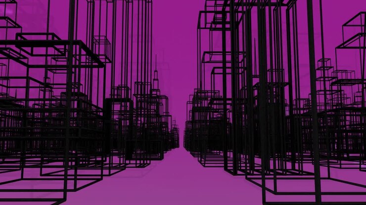 Animação de estrutura urbana 3D preta em interface digital roxa