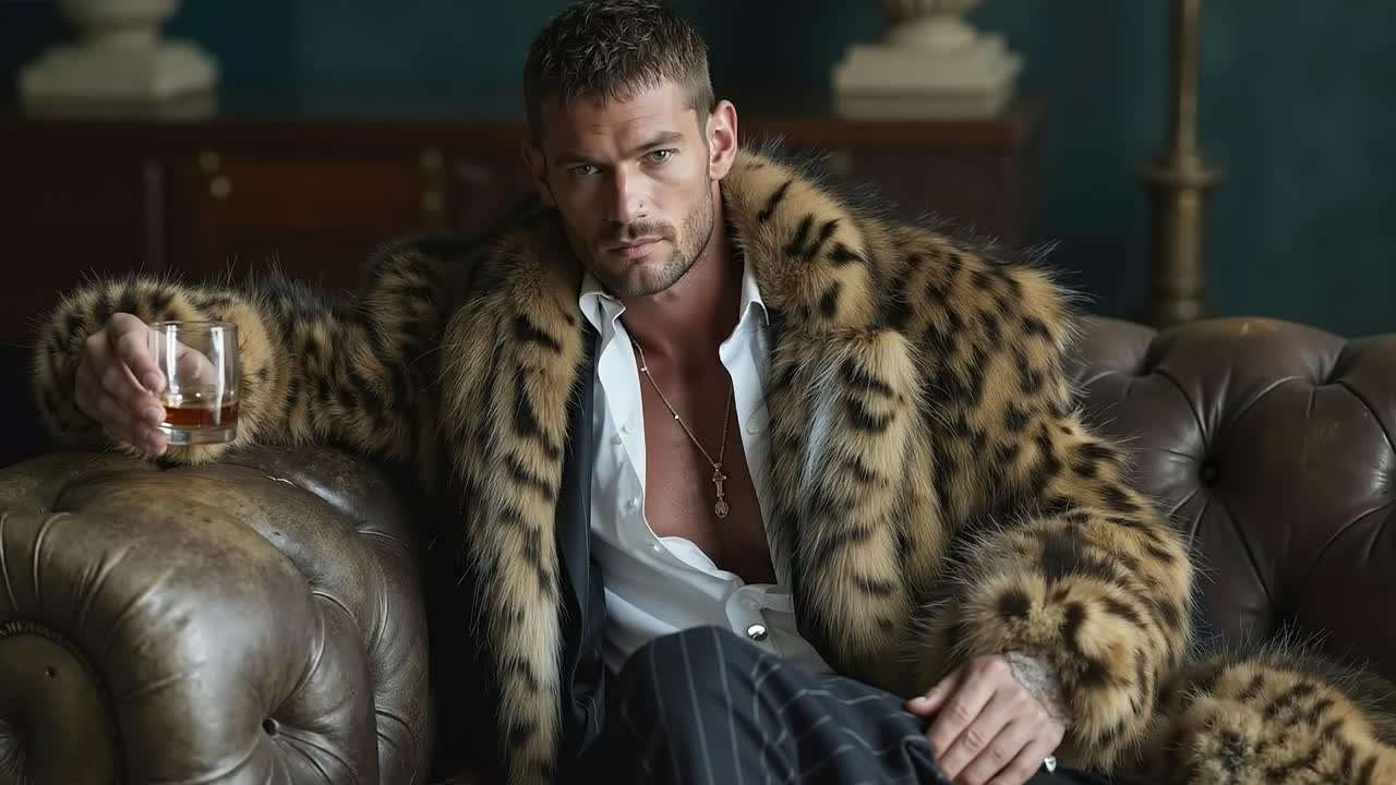 A man in a leopard print coat sitting on a couch holding a glass of whiskey