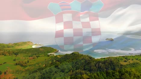 Animación-De-La-Bandera-De-Croacia-Ondeando-Sobre-El-Paisaje-Marino.