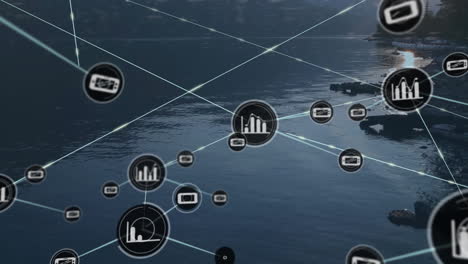 animation of network of connections with icons over landscape