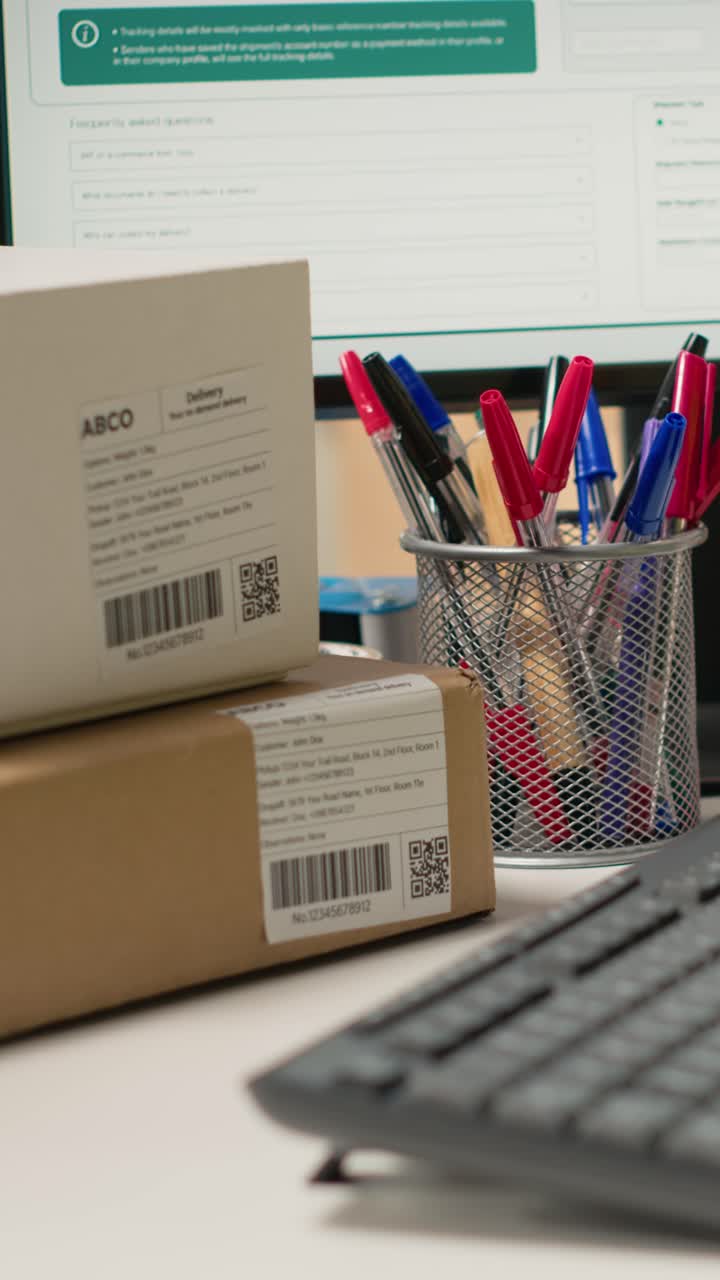 Vertical Video African american woman scanning the barcodes for shipment details on boxes
