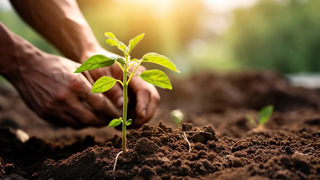 Hands Planting a Young Green Seedling in Fertile Soil