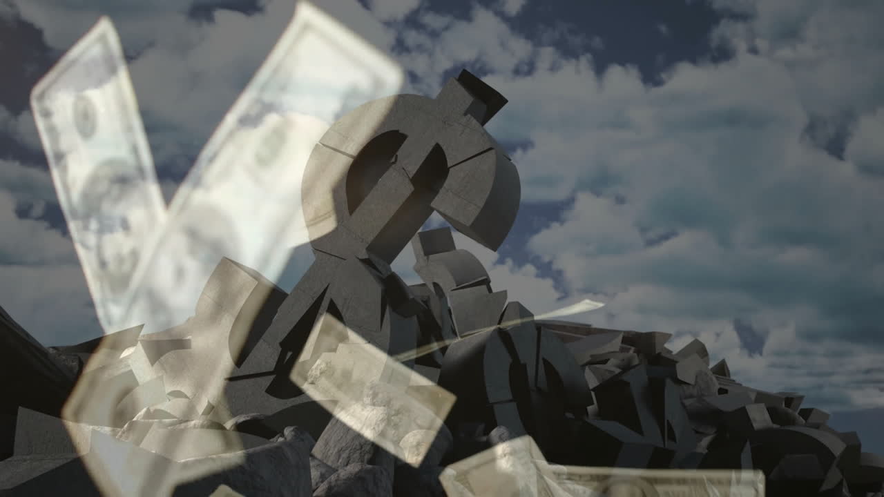 Crumbling dollar sign and falling money animation over cloudy sky background