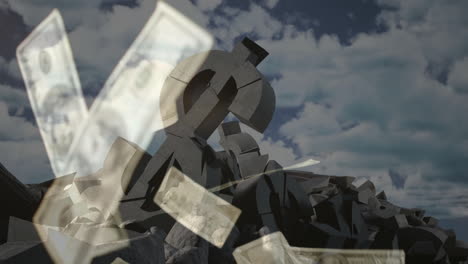 crumbling dollar sign and falling money animation over cloudy sky background