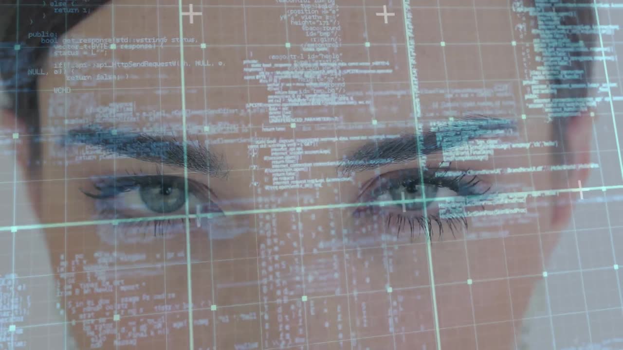 Animation of data processing over caucasian woman's face and grid