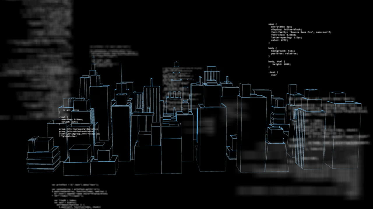Wireframe city skyline model rotating in virtual space, overlaying multiple code snippets