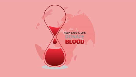 animation of save a life donate blood text with blood hourglass logo over globe on pink background