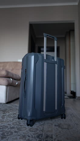 lovely little boy wearing sunglasses enter the room pushing a big suitcase. small toddler vacationer packing for journey. vertical video.