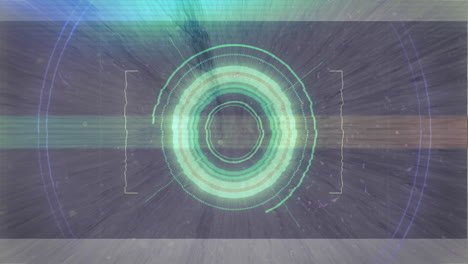 digital animation of light trails and glitch effect against round neon scanner on grey background