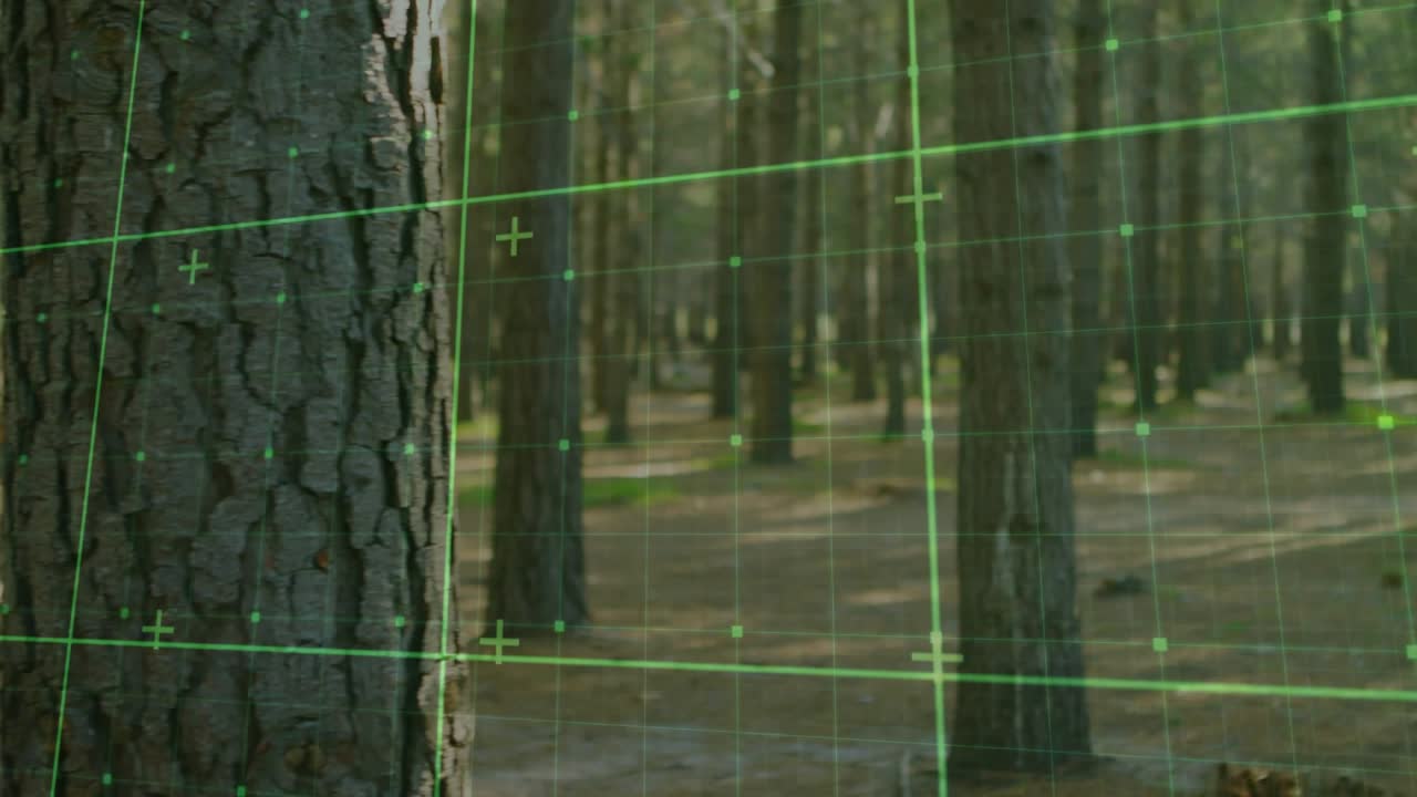 Green grid appearing, woman entering checking phone for fitness while grid aligning with her path