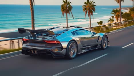 futuristic sports car on a scenic coastal road