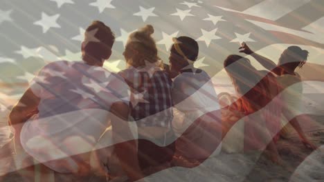 animation of diverse friends at beach over flag of usa