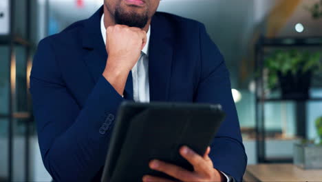 tablet, thinking and hands of business person