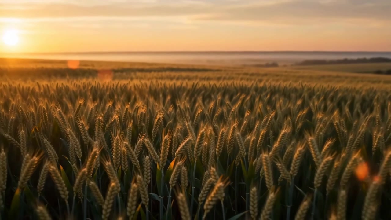 Spighe di grano mature e dense riempiono la visuale a bassa altezza, mentre la calda retroilluminazione del sole al tramonto evidenzia reste e steli, e un lento cambio di messa a fuoco rivela ricca texture, profondità e un'atmosfera di campagna calma
