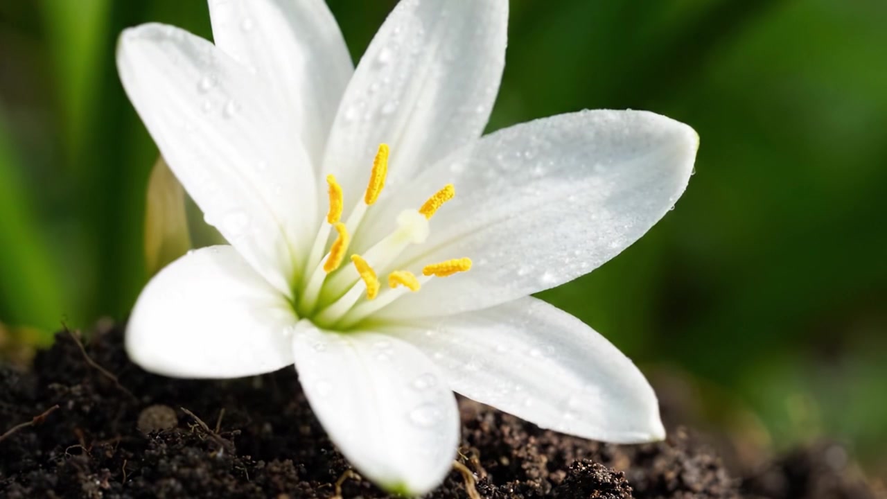Elegant hvid blomst, der blomstrer fra rig mørk jord med dugdråber, der fremhæver dens delikate kronblade og levende støvdrager under naturligt lys i et havemiljø.
