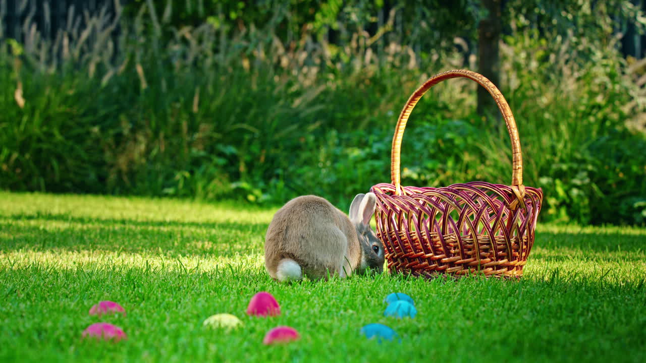 바구니와 달이 있는 정원에서 부활절 토끼