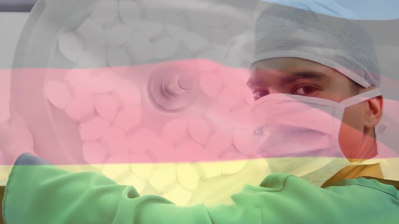 animación de una bandera china ondeando sobre el retrato de un cirujano masculino biracial en un hospital