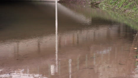 Agua-De-Inundación-Estancada-Sucia-Debajo-Del-Puente-En-Leiria,-Portugal-Después-De-La-Lluvia---Midshot-De-Inclinación-Hacia-Arriba