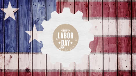 animation of happy labor day text over cog and american flag