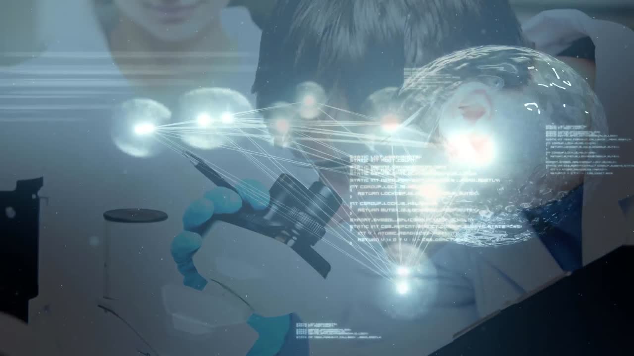 과학 구성 추상 애니메이션은 과학자들의 사진과 결합되어 연구하고 있습니다.