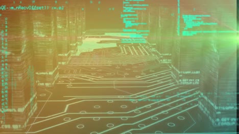 Animation of digital computer language moving in loop amidst bar graph over electronic circuit board