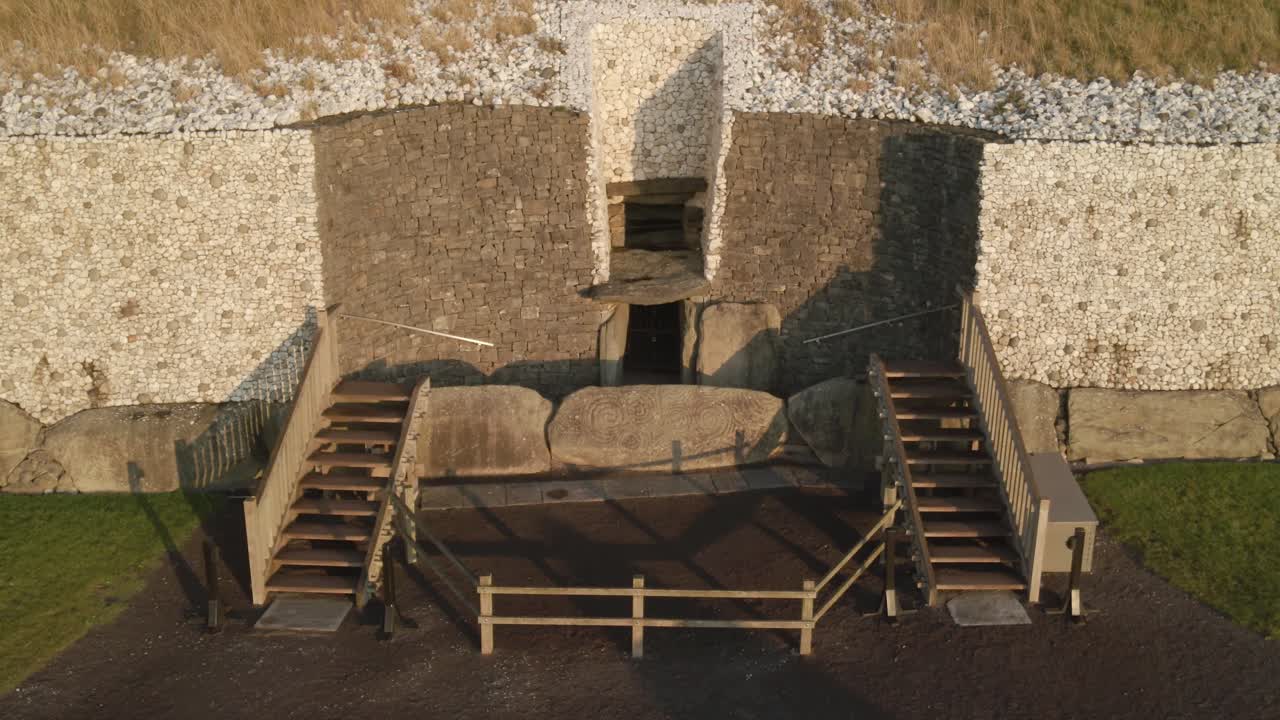 Wooden Stairs At The Entrance of Newgrange In County Meath, Ireland. - aerial shot