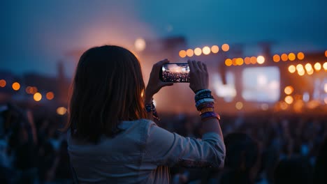 young woman recording live music concert with smartphone