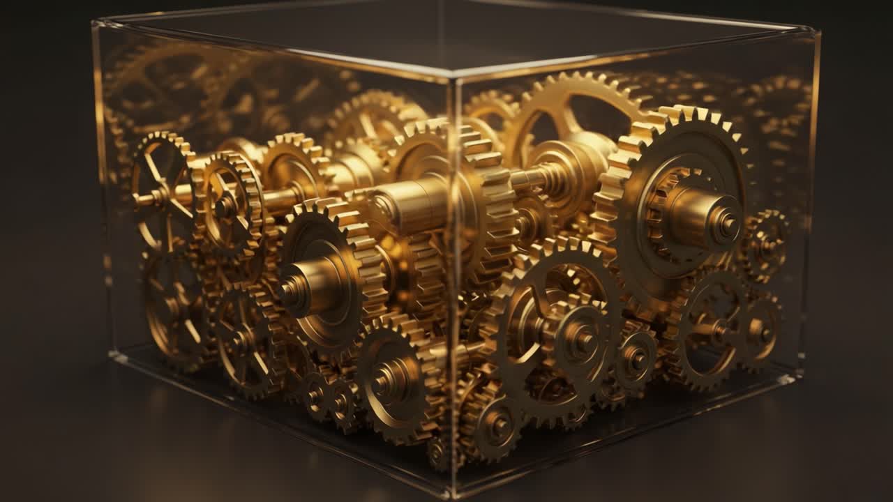 A Magnificent Close-Up of Intricate Golden Gears Inside a Transparent Box, Showcasing the Engineering Marvel and Mastery of Mechanics and Design