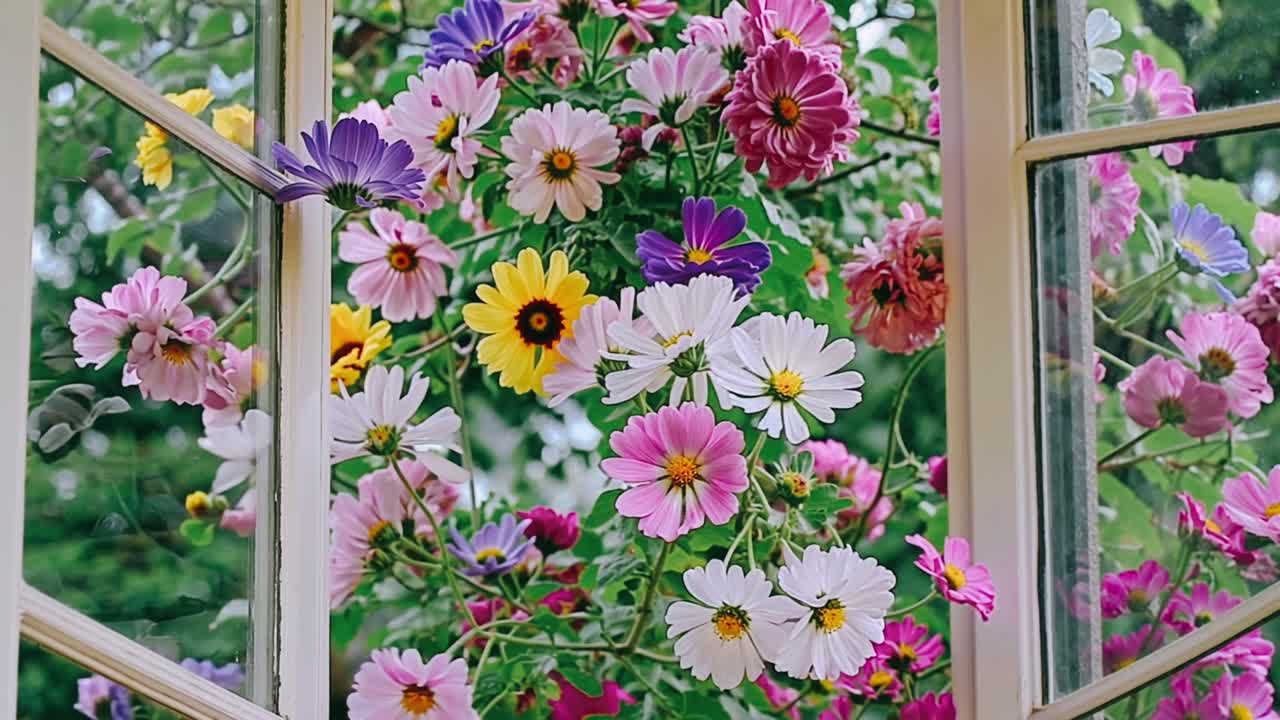 Colorful Flowers at an Open Window